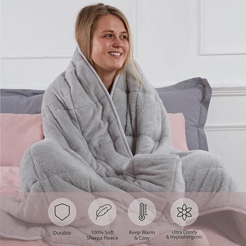 Brentfords Teddy Fleece Heavy Weighted Blanket for Adults Quilted Pockets Throw, Silver Grey, 150 x 200cm - 8kg (Disclaimer: Only suitable for age 3+ years) thumbnail 3