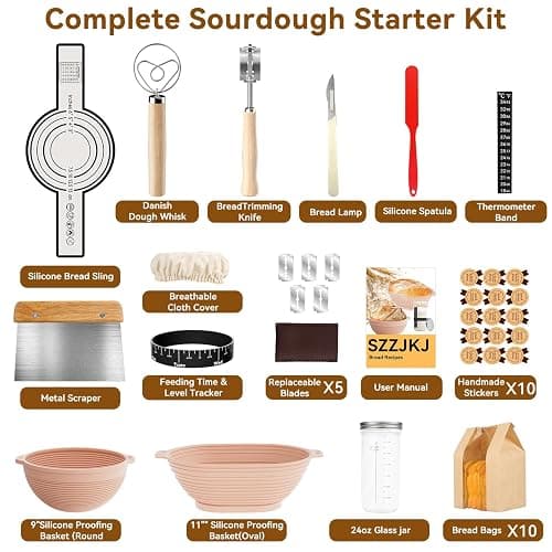 5. SZZJKJ Sourdough Starter Kit, 24PCS Sourdough Bread Baking Supplies, Silicone Banneton Bread Proofing Basket Set of 2, Sourdough Starter Kit Beginners with 10pcs Bread Bags for Baking Lovers thumbnail 4
