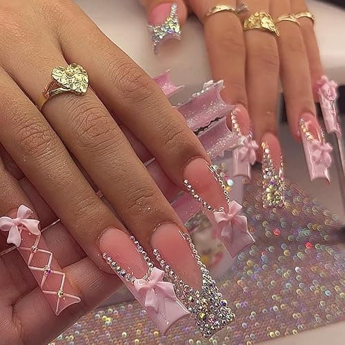 FIEONCIY Press on Nails Long Coffin Shaped Acrylic Glossy Full Cover Long Square French False Nails with Designs Artificial Extra Long Fake Nails with Charms Glue ons Fingernails for Women(XG10187) - Image 1
