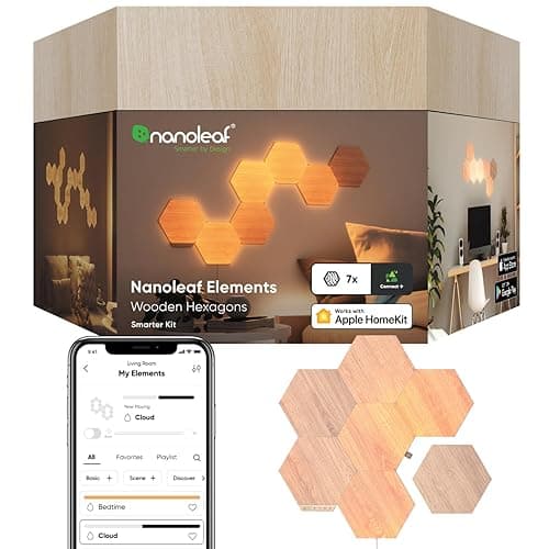 Nanoleaf Elements Wood Look Smart Wall Lights, Hexagon LED Wall Lights Compatible with Alexa Google Assistant, Home Wall Decor for Living Room with Music Sync, Touch Control, Ambient Lighting, 7 PK - Image 1