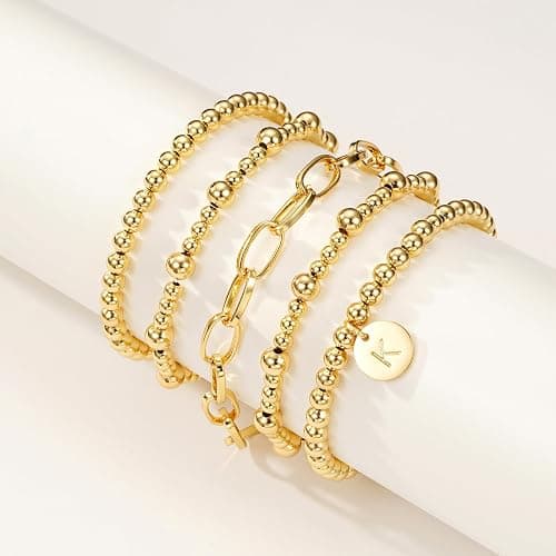 Lydow Beaded Bracelets for Women, 18K Gold Plated Initial A-Z Stretch Bead Ball Stackable Bracelet with Letter Jewelry Set Gifts thumbnail 5
