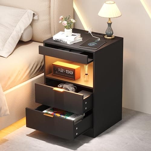 Yusong Night Stand, Bedside Table, LED Nightstand with Charging Station, Modern Night Stand, Wood Sofa Couch End Side Table with 2 Pull-Out Shelf (Black) thumbnail 3