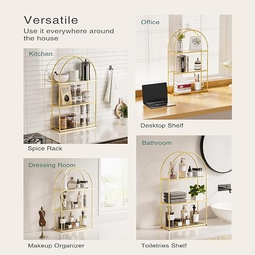 Crofy 3-Tier Arched Wall Shelf with Gold Frame & Transparent Shelves | Sturdy Tempered Clear Glass Shelves with Ample Storage Space; Decor for Living Room, Bath, Kitchen, Vanity & Home Office thumbnail 6