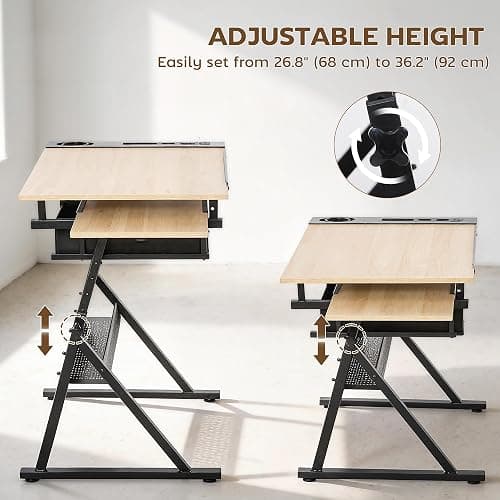 HOMCOM Adjustable Drafting Table, Art Desk Drawing Table Workstation with Stool and Storage Drawers for Painting, Multifunctional Writing Desk, Oak thumbnail 6