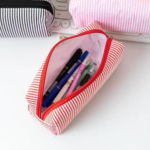 HFHungkeong Cute Pencil Case, Seersucker Pencil Bag Desktop Stationery Finishing Large Capacity Embroidery Striped Travel Storage Bag, Multifunctional Cosmetic Pouch(Pink White) thumbnail 2
