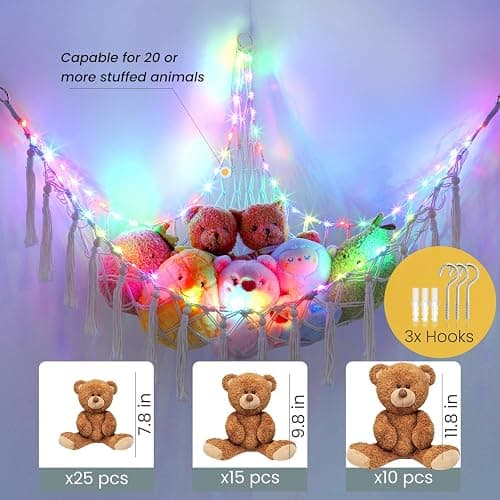 20 Color Change Stuffed Animal Hammock 75LEDs, 55in Extra Large Storage Macrame Hammock with 44-Key Remote, USB Hanging Plush Animal Net for Kids Bedroom Doll Room Corner Organizer (20 Colors, XL) thumbnail 6
