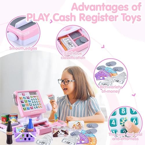 PLAY Kids Cash Register Toy - Pretend Play Calculator Register Toys with Microphone/Conveyors/Play Money/Scanner/Credit Card/Cans/Drink, 3+ Toddler Develops Early Math Skills Learning Toys thumbnail 5