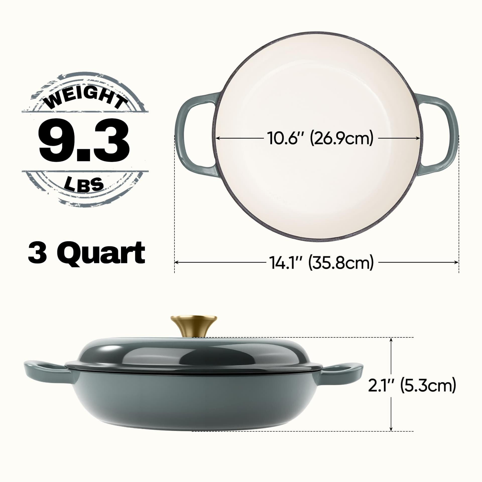 Grelha de ferro fundido esmaltado de 3 litros, frigideira de ferro fundido esmaltado antiaderente com tampa, frigideira holandesa com tampa de até 260 °C para forno, fogão, churrasqueira, forno thumbnail 4