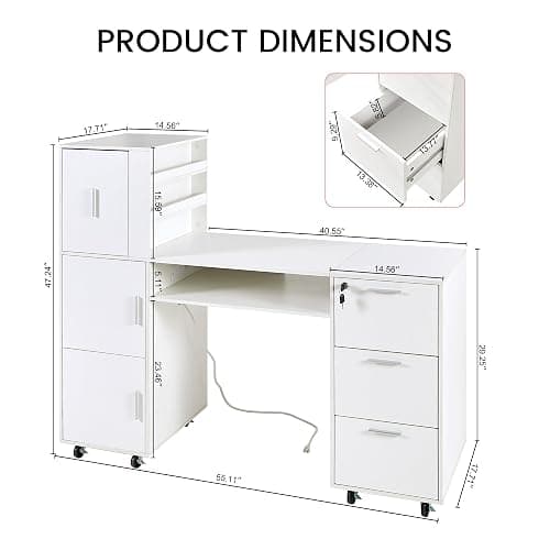 DUDUSHIMAN Manicure Table Nail Desk for Nail tech, 56 Inch Beauty Nail Table w/3 Cabinet+3 Drawers+3 Layers Open Cabinet+1 Open Drawer + 1 Power Outlet for Professional Salon Manicure Workstation thumbnail 2