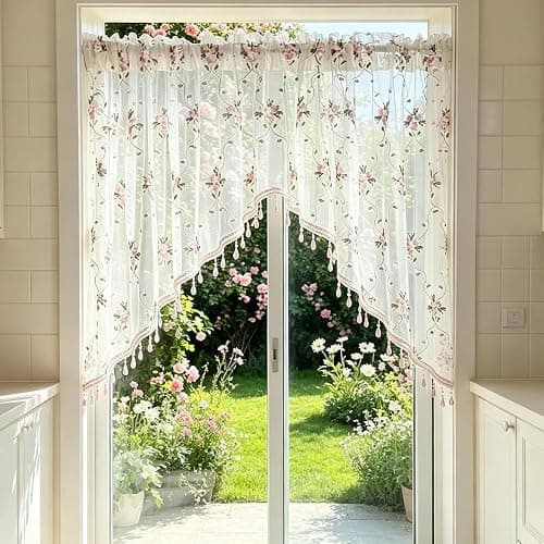 1PC Victorian Style Floral Sheer Swag Curtain Valance for Arched Door | Pink Embroidered Window Treatment with Beaded Trim, Rod Pocket Light Filtering Tier Curtain for Kitchen Princess Bedroom thumbnail 2