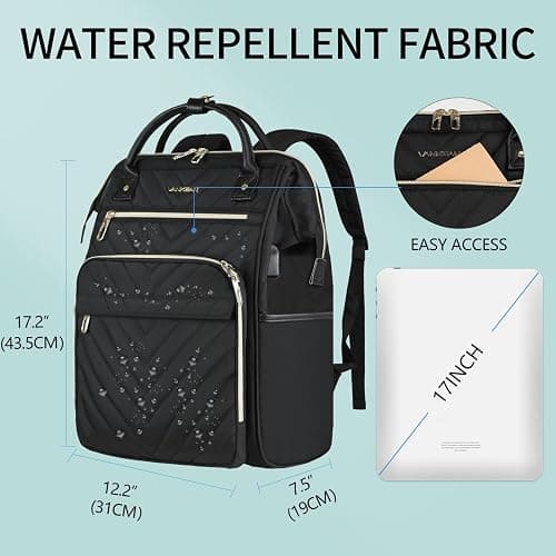VANKEAN 17 Inch Laptop Backpack for Women Men Fashion Computer Work Bag, Large Capacity Waterproof Backpack with USB Port & RFID Pockets, College Daypack Business Travel, Black thumbnail 2