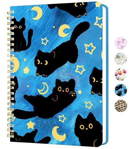 Stanoha Cute Spiral Notebook A5 Journal for Women Girls Kawaii Aesthetic Pretty Floral Design with Pocket, 8.5 x 5.7 inch, Line, Blue Black Cat - Image 1