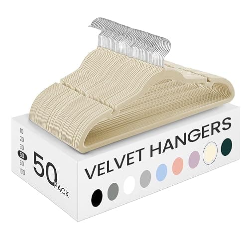 SONGMICS Velvet Hangers, Non-Slip Clothes Hangers with Shoulder Notches, Pants Bar, 360° Swivel Hook, Space-Saving, for Closet, 50 Pack, Summer Sand UCRF029K05 - Image 1