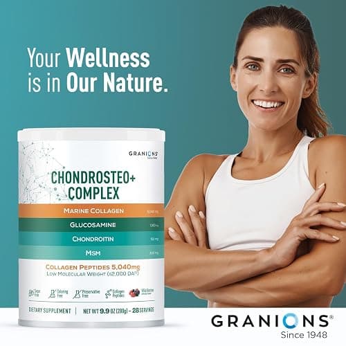 Granions Glucosamine Chondroitin MSM Powder 1,550mg – Joint Supplements for Men and Women - Chondrosteo, Hydrolyzed Marine Collagen Peptides, Essential Vitamins Glucosamine Complex – Wild Berry 9.9oz thumbnail 9