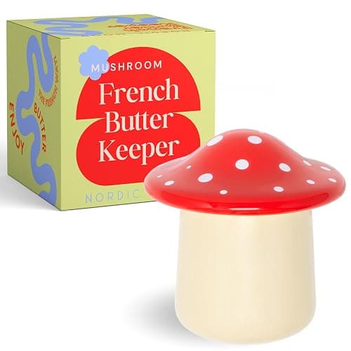 Mushroom Shaped Butter Dish - French Style Butter Keeper - Red and White Ceramic Butter Crock for Countertop - Storage Container for Spreadable Butter - Image 1
