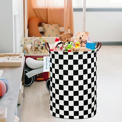 LANGYASHAN Laundry Basket Canvas Fabric Collapsible Organizer Basket for Storage Bin Toy Bins Gift Baskets Bedroom Clothes Children Nursery Hamper (Racing flag) thumbnail 7