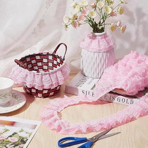 GORGECRAFT 11 Yards Pink Double-Layer Pleated Chiffon Lace Trim 5cm Wide 2-Layer Gathered Ruffle Trim Edging Tulle Trimmings Fabric Ribbon Jacquard lace for DIY Sewing Crafts Pillowcase Embellishments thumbnail 6
