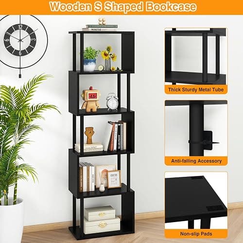 IBUYKE 6-Tier Tall Bookshelf,S-Shaped Geometric Bookcase, Wood Display Shelves with Storage,Modern Bookshelf for Living Room Bedroom, Home Office, Black WBC016B thumbnail 5