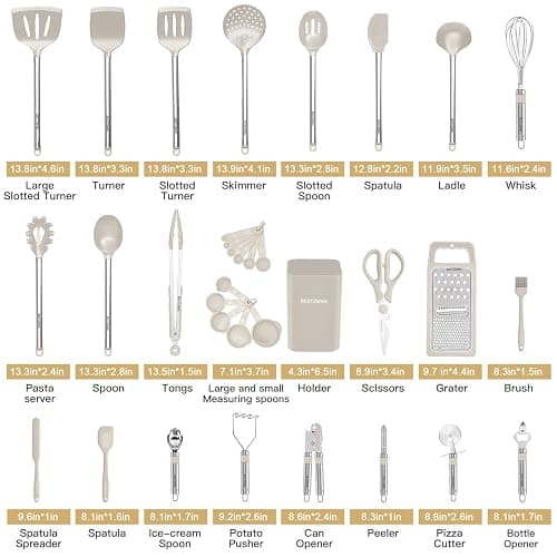 Kitchen Utensil Set-Silicone Cooking Utensils-33 Kitchen Gadgets & Spoons for Nonstick Cookware-Silicone and Stainless Steel Spatula Set-Best Kitchen Tools, Useful Pots (Khaki) thumbnail 3