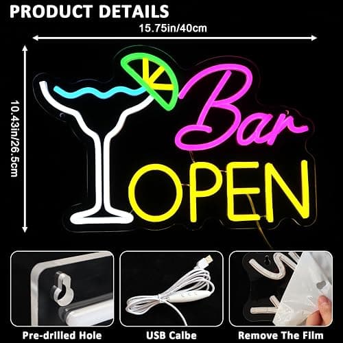PMCVYH Bar Open Sign for Business, Neon Open Sign, USB Dimmable Cocktails Neon Lights for Beer Bar Coffee Cafe Home Pub Man Cave Stores Hotel Party Window Wall Decor Restaurant thumbnail 3