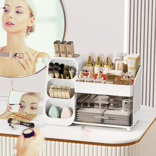 Makeup Organizer for Vanity,Vanity Organizer with Drawers and Brush Holder,Bathroom Make Up Organizer Countertop,Large Cosmetic Organizer for Skincare, Perfume,Lipsticks,Nail Polish (White) thumbnail 3