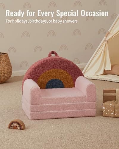 Blissful Diary Foldable Toddler Couch, 2-in-1 Comfy Toddler Chair & Lounger for Reading, Playroom, Kids Couch Sofa for Girls Boys Birthday Gift, Blush Rainbow thumbnail 8