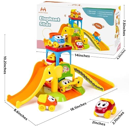 Marstone Toddler Toys for 1 2 Year Old Boys and Girls Gifts: Educational Elephant Slide with 4 Animal Car Toys for Baby 12-18 Months, First Birthday Gifts for Kids, Learning Push Truck Tracks Age 1-2 thumbnail 3
