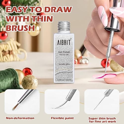 Gel Liner Art Polish Set 10ml, 4 Colors Black White Gold Silver Design Paint with Thin Brush in Bottle for Swirl/ Euphoria French Tips Manicure Painting DIY at Home thumbnail 3