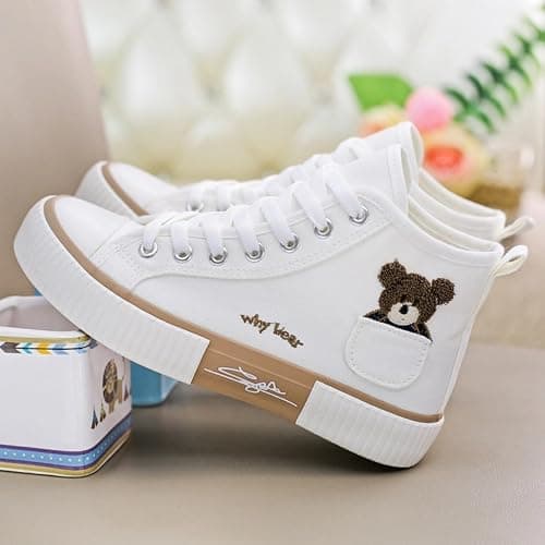 Women's High Top Canvas Sneakers Cute Bear Embroidery Kawaii Shoes Biscuit Sole Lace Up Casual Walking Shoes for Teen Girls School thumbnail 5