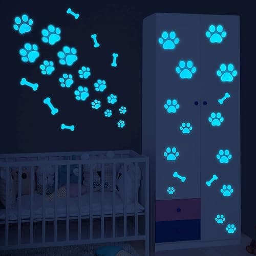 Glow in The Dark Dog Paw Print Wall Decals - Removable Vinyl Bone Stickers for Pup Room Decor - Animal Footprint Decals for Kids Boys Girls Bedroom Nursery - Blue thumbnail 6