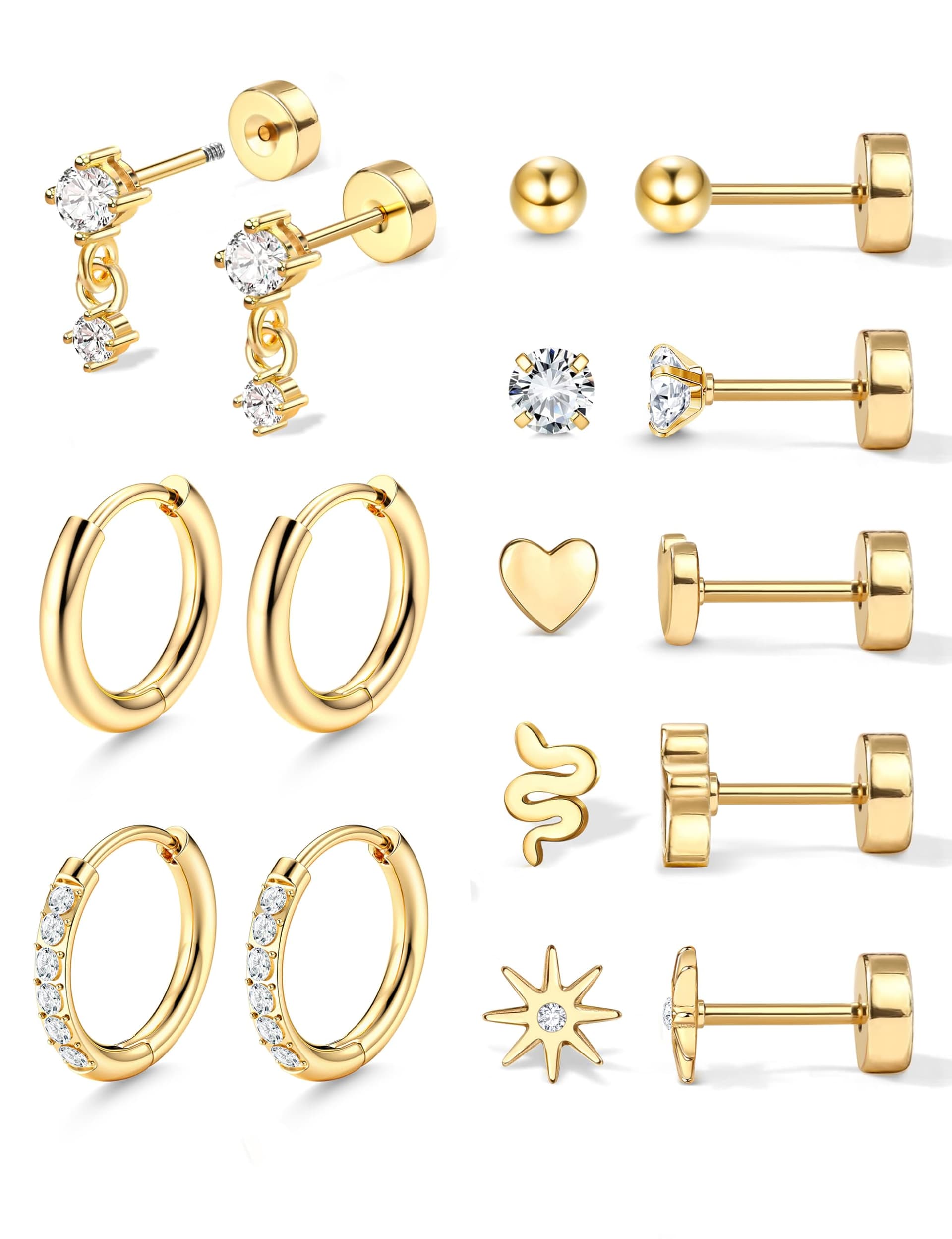 Adramata 8 Pairs Earrings Set for Women and Men Surgical Steel Earrings Studs Hoops 14k Gold Flat Back Stud Earrings Hypoallergenic Cartilage Earring Gold Helix Tragus Piercing Jewelry - Image 1