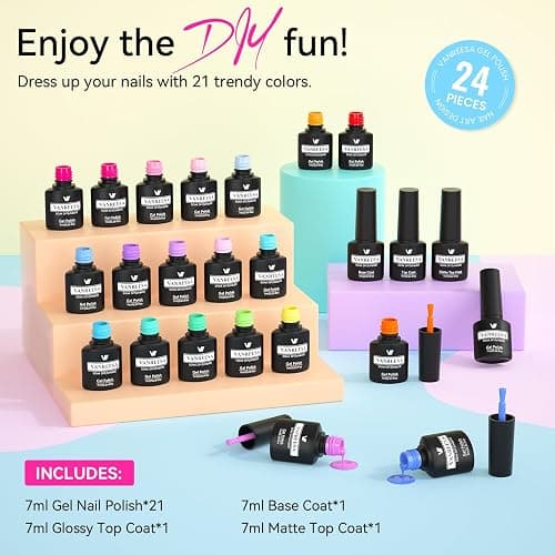 VANREESA 24 Pcs Gel Nail Polish Set, 21 Colors Gel Polish with Base Coat Glossy & Matte Top Coat Yellow Green Blue Pink Purple Orange Gel Polish Kit Nail Kit Gifts for Women Girls thumbnail 8