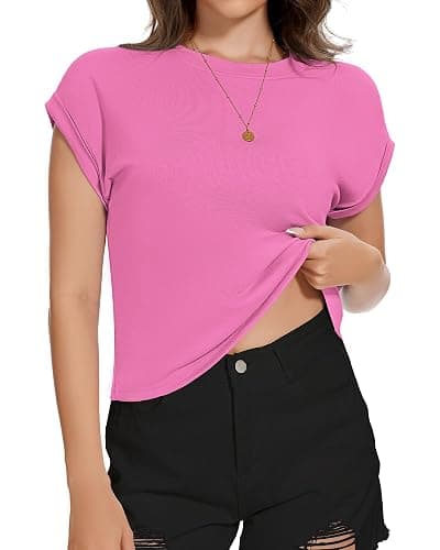 Summer Short Sleeve Crop Tops Womens Crewneck Roll Cap Sleeve T Shirts Loose Fit Basic Tees 2026 thumbnail 7