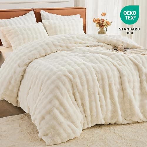 EMME Faux Fur Duvet Cover King Size, 3 Pieces Ultra Soft Fluffy Comforter Cover, Cozy Warm for Winter, Luxury Elegant Shaggy Bubble Design Bedding, 1 Duvet Cover & 2 Pillow Shams (King, Cream White) thumbnail 4