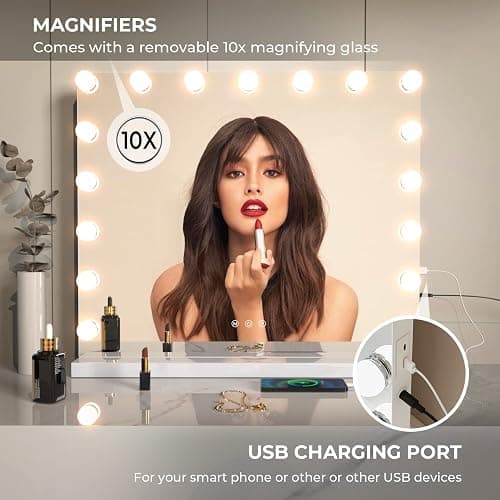 Vanity Mirror Makeup Mirror with Lights,23.6"x 19.6"Large Tabletop Light up Mirror with 17Bulbs,10X Magnification,USB Charging Port,3 Color Touch Control Dimmable Lights,Women Gift thumbnail 6