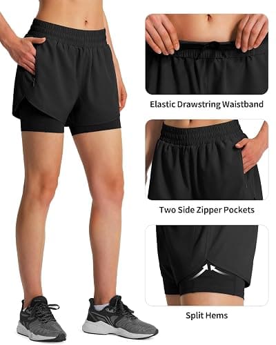 Ksmien Women's 2 in 1 Running Shorts Quick Dry Athletic Gym Workout Shorts with Liner Phone Pockets thumbnail 5