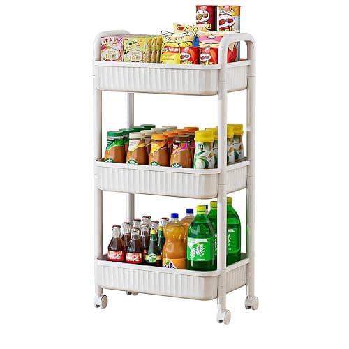 JOYZAN 3 Tier Rolling Carts with Wheels, Utility Cart with Handle and Locking Caster, Storage Cart for Kitchen, Office, Bedroom, Suitable for Diaper, Art Tools, Snack, Craft Storage Cabinet, White - Image 1