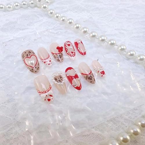 30Pcs Valentines Press on Nails Medium Almond Fake Nails French Tip 3D White Pearl Designs Cute Bow False Nails Leopard Polka Dots Acrylic Stick On Nail with Heart and Rhinestones Romantic for Women thumbnail 2