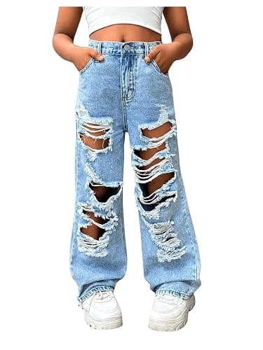 Floerns Girl's Distressed Jeans Baggy Wide Straight Leg Y2k Ripped Denim Pants - Image 1