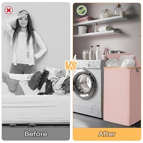 BALEINE Laundry Hamper with Lid, Tall Laundry Baskets with Bamboo Pull Handles, Large Laundry Bin with Internal Support (26 Gal/100L, Pink) thumbnail 7
