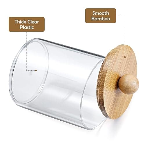 4 Pack Qtip Holder Dispenser with Bamboo Lids - 10 oz Clear Plastic Apothecary Jar Containers for Vanity Makeup Organizer Storage - Bathroom Accessories Set for Cotton Swab, Ball, Pads, Floss thumbnail 6