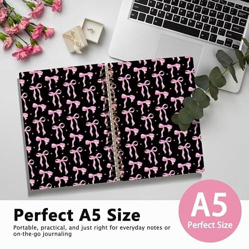 LIANGW Coquette Pink and Black Bow Notebook Journal for Teen Girls & Women, Preppy Cute Journal Gifts for Women, Pink Girly Gifts, Black Office Supplies, Hardcover Spiral Notebook, 5.5x8.3 Inch thumbnail 4