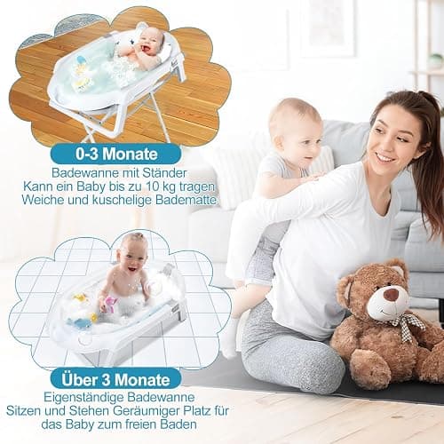 Ansobea - Vasca da bagno pieghevole con supporto antiscivolo, tappetino da bagno e inserto per vasca da bagno per neonati e bambini, Grigio thumbnail 4