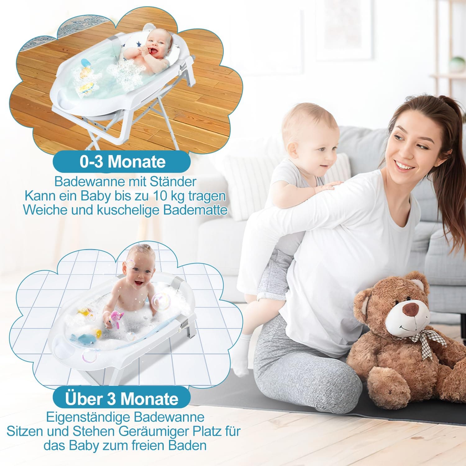 Foldable Bathtub with Non-Slip Stand, Bath Mat and Bathtub Insert for Newborns and Toddlers, Grey thumbnail 3