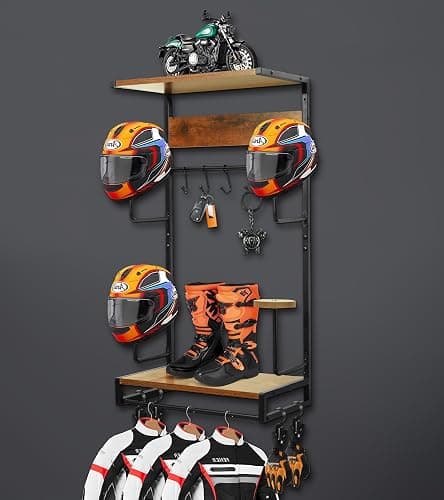 NANXITU Motorcycle Helmet Rack Wall Mount, Retro Rust Helmet Holder with Wood Floating Shelf and Hooks for Storage - Image 1