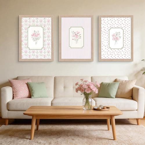Pink Floral Canvas Wall Art Framed 3Pcs Cottage Home Decor 12x16 Inch | Ready to Hang Botanical Painting Prints Picture Poster Vintage Farmhouse Decor Living Room Bedroom Entryway Hallway Foyer thumbnail 2