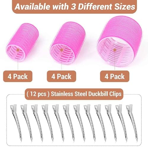 Self Grip Hair Rollers Curlers Set - 24 Pieces with 3 Sizes (4 Jumbo, 4 Large, 4 Medium) and 12 Clips for Volume on Long, Short, Thick, or Fine Hair - 24 Pieces Rose Red Set thumbnail 2