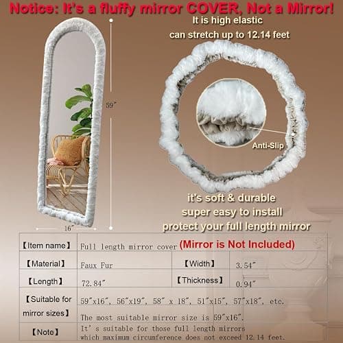UYRIE Fluffy Mirror Cover - 59"x16" Full Length Ultra Soft Non-Slip Cover Universal Stretch Cover Warm Home Decor for Bedroom Cloakroom (White-Without Mirror) thumbnail 2