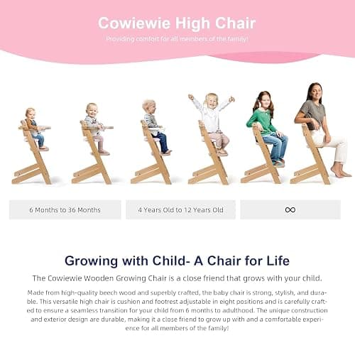 Cowiewie Natural Wooden High Chair for Babies & Toddlers 3-Tier Remove Adjustable Tray and Highchair with Cushions, Easy to Clean, Portable. (Pink) thumbnail 7