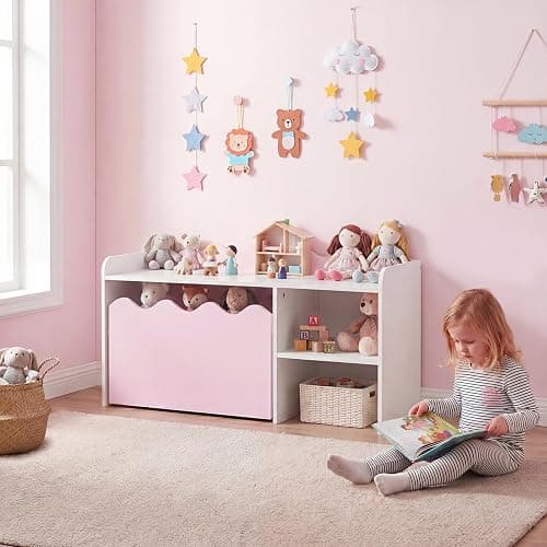 COSTWAY Kids Bookcase, Toy Organizer with Movable Drawer (Pink+White) | Flip-up Top, 4 Universal Wheels & Anti-toppling Kit, Wooden Children Bookshelf for Playroom, Daycare, Nursery thumbnail 9